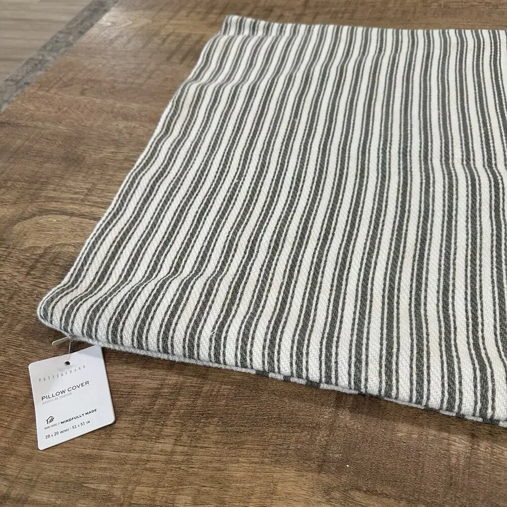 Pottery Barn Linen Throw Pillow Cover Square White Gray Striped Nautical 20 x 20